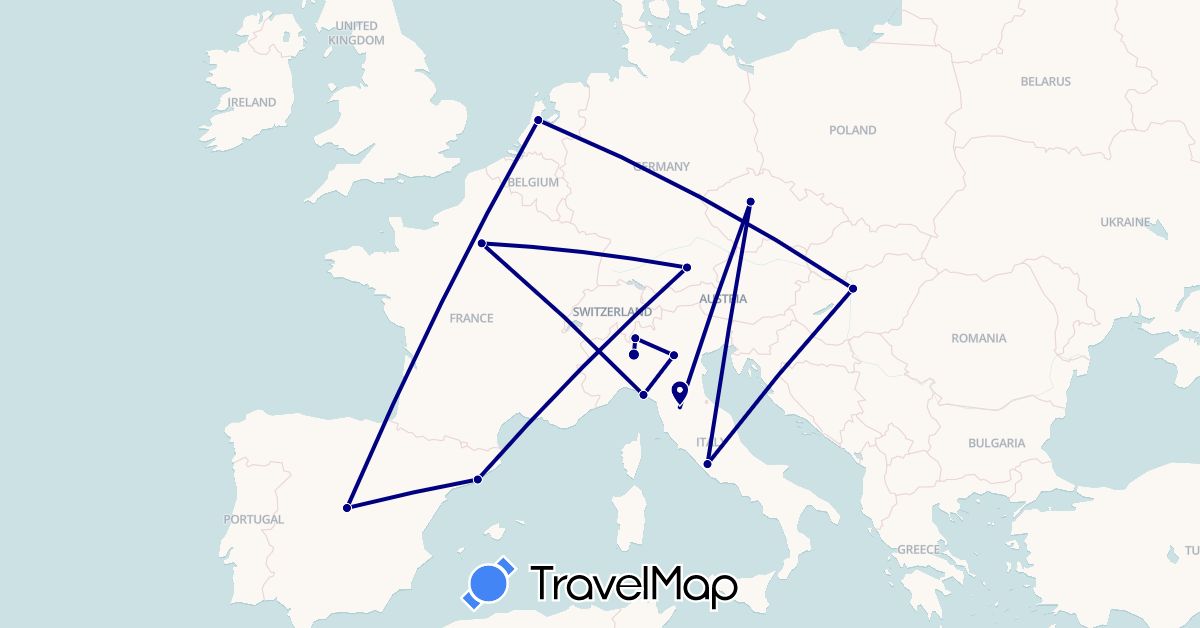 TravelMap itinerary: driving in Czech Republic, Germany, Spain, France, Hungary, Italy, Netherlands (Europe)